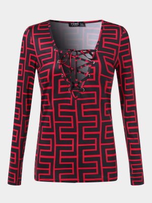 Geometric Pattern Criss-cross Deep V Neck Long Sleeves Tee