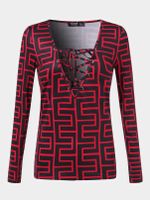 Geometric Pattern Criss-cross Deep V Neck Long Sleeves Tee - thumbnail
