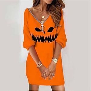 Women's Sweatshirt Dress Shift Dress Short Mini Dress Yellow Orange Long Sleeve Leopard Letter Pumpkin Zipper Print Fall Winter V Neck Vacation Casual Halloween 2022 S M L XL XXL 3XL miniinthebox