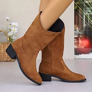 Women's Boots Cowboy Boots Plus Size Outdoor Work Daily Mid Calf Boots Embroidery Block Heel Pointed Toe Vintage Fashion Casual Suede Loafer Brown miniinthebox