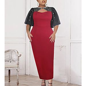 Women's A Line Dress Maxi long Dress Red Wine Short Sleeve Solid Color pearl Fall Winter Round Neck Elegant 2022 S M L XL XXL XXXL 4XL 5XL miniinthebox
