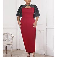 Women's A Line Dress Maxi long Dress Red Wine Short Sleeve Solid Color pearl Fall Winter Round Neck Elegant 2022 S M L XL XXL XXXL 4XL 5XL miniinthebox - thumbnail