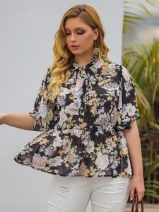 Plus Size Ruffle Trim Floral Print Crew Neck Half Sleeves Blouse