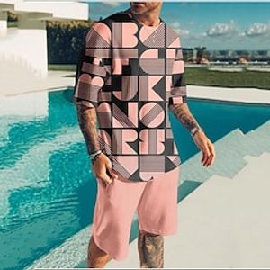 Men's T-shirt Suits Tennis Shirt Graphic Geometric Crew Neck Sea Blue Blue Pink Gray 3D Print Street Daily Short Sleeve Print Clothing Apparel 2pcs Basic Fashion Lightweight Casual  Summer  Spring Lightinthebox