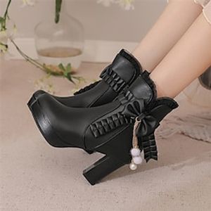 Women's Boots Lolita Plus Size Heel Boots Daily Booties Ankle Boots Winter Bowknot Imitation Pearl Chunky Heel Round Toe Cute PU Zipper Solid Color Black White Pink miniinthebox
