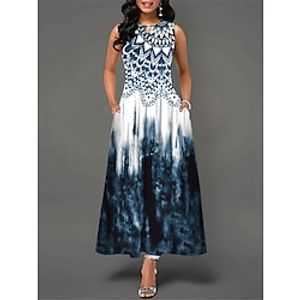 Women's Casual Dress Swing Dress Floral Print Pocket Crew Neck Long Dress Maxi Dress Streetwear Maxi Street Holiday Sleeveless Regular Fit Blue Summer S M L XL 2XL Lightinthebox