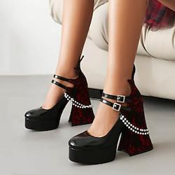 Women's Heels Mary Jane Party Imitation Pearl Lace Chunky Heel Closed Toe Punk Microbial Leather Patent Leather Ankle Strap Black / Red Black Lightinthebox