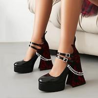 Women's Heels Mary Jane Party Imitation Pearl Lace Chunky Heel Closed Toe Punk Microbial Leather Patent Leather Ankle Strap Black / Red Black Lightinthebox - thumbnail