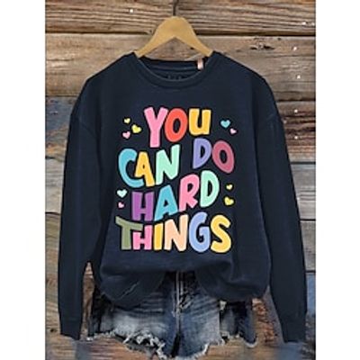 Women's Pullover Casual Print Black Wine Dark Blue Letter Casual Round Neck Long Sleeve Only tops Micro-elastic Fall  Winter Lightinthebox