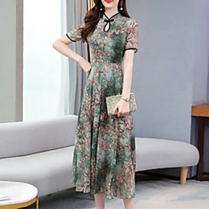 Women's A Line Dress Midi Dress Green Brown Short Sleeve Floral Print Spring Summer Stand Collar Elegant Traditional Chinoiserie 2022 M L XL XXL 3XL 4XL miniinthebox