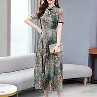 Women's A Line Dress Midi Dress Green Brown Short Sleeve Floral Print Spring Summer Stand Collar Elegant Traditional Chinoiserie 2022 M L XL XXL 3XL 4XL miniinthebox - thumbnail