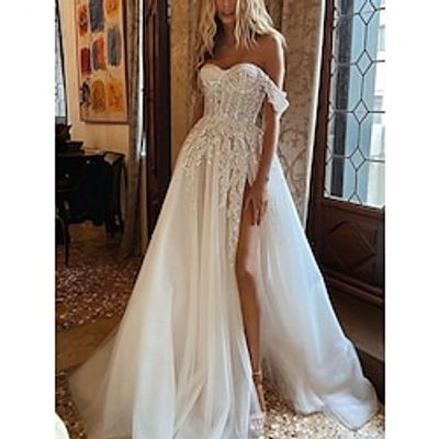 Hall Formal Wedding Dresses A-Line Sweetheart Sleeveless Sweep  Brush Train Lace Bridal Gowns With Pleats Split Front 2023 Lightinthebox
