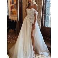 Hall Formal Wedding Dresses A-Line Sweetheart Sleeveless Sweep  Brush Train Lace Bridal Gowns With Pleats Split Front 2023 Lightinthebox - thumbnail