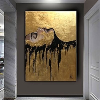 Large Hand Painted black and gold painting Acrylic foil painting on canvas Wall Art  abstract art abstract painting gold firgure painting black painting Home Decoration Decor ready to hang or canvas miniinthebox