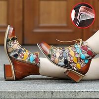 Women's Boots Combat Boots Lace Up Boots Handmade Shoes Daily Booties Ankle Boots Winter Rivet Zipper Chunky Heel Round Toe Vintage Casual Comfort Leather Polyester Sheepskin Zipper Geometric Color miniinthebox - thumbnail