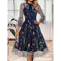 Women's Casual Dress Winter Dress Floral Ruched Mesh Crew Neck Midi Dress Elegant Streetwear Street Holiday Long Sleeve Regular Fit Black Blue Apricot Fall Winter S M L XL XXL Lightinthebox - thumbnail