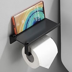 Wall Mounted Black Toilet Paper Holder Space Aluminum Bathroom Paper Holder with Phone Shelf Black Roll Paper Holder Tissue Boxes miniinthebox
