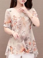 Round Neck Chiffon Printed Blouse - thumbnail