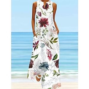 Women's Long Dress Maxi Dress Casual Dress A Line Dress Print Dress Leaf Floral Romantic Modern Daily Date Vacation Pocket Print Sleeveless V Neck Dress Loose Fit White Summer Spring S M L XL XXL Lightinthebox