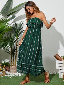 YOINS Green Tribal Striped Ruffle Trim Sleeveless Tube Maxi Dress