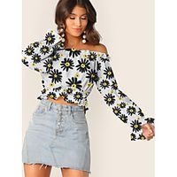 Women's Crop Top Floral Graphic Prints Flower Long Sleeve Ruffle Print Off Shoulder Basic Tops White Black Yellow miniinthebox - thumbnail