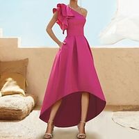 A-Line Cocktail Dresses Elegant Dress Party Wear Asymmetrical Sleeveless One Shoulder Satin with Ruffles Pure Color 2023 miniinthebox - thumbnail