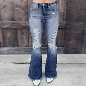 Women's Jeans Flared Pants Distressed Jeans Denim Blue Fashion Vintage Inspired Office Vacation Side Pockets Cut Out Micro-elastic Full Length Comfort Plain S M L XL Lightinthebox