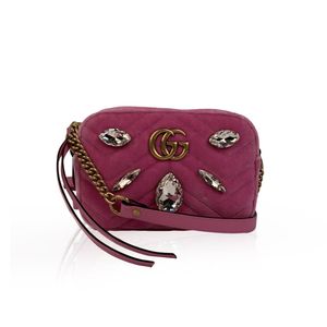Pink Matelassè Velvet Crystals Mini Gg Marmont Bag