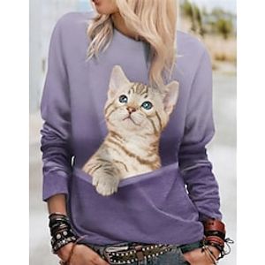 Women's Sweatshirt Pullover Basic Pink Blue Purple Cat Street Round Neck Long Sleeve Lightinthebox