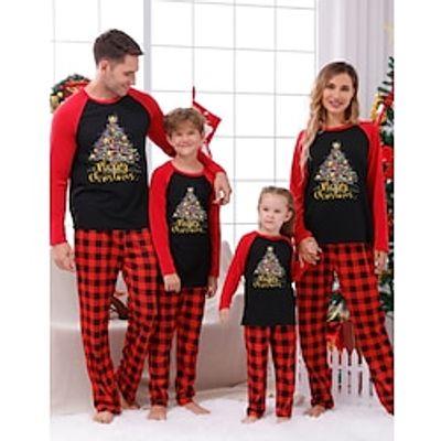 Family Christmas Pajamas Graphic Home Print Light Pink Multicolor Black Long Sleeve Mommy And Me Outfits Active Matching Outfits miniinthebox