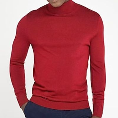 Men's Pullover Sweater Jumper Knit Sweater Ribbed Knit Regular Knitted Basic Plain Turtleneck Modern Contemporary Work Daily Wear Clothing Apparel Winter Wine Black S M L Lightinthebox