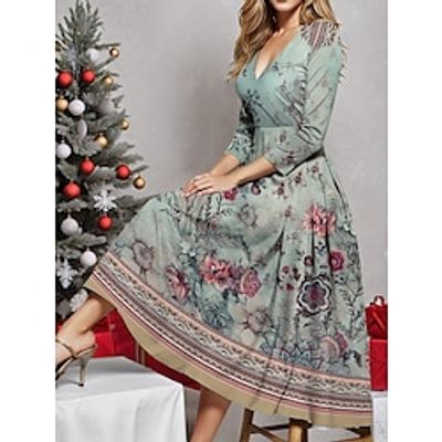 Women's Casual Dress Winter Dress Swing Dress Floral Print V Neck Midi Dress Fashion Streetwear Outdoor Daily 34 Length Sleeve Regular Fit Green Fall Winter S M L XL XXL Lightinthebox