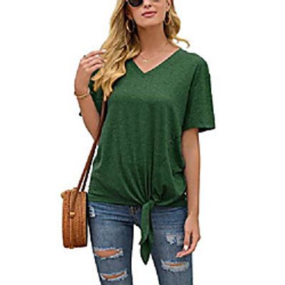 womens summer v neck short sleeve t-shirts front knotted casual loose tee tops green Lightinthebox