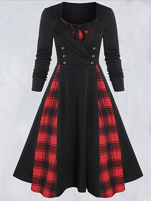 Women's Retro Contrast Plaid Patchwork Double-breasted Long-sleeved Slim Dress Women's Retro Contrast Plaid Patchwork Double-breasted Long-sleeved Slim Dress