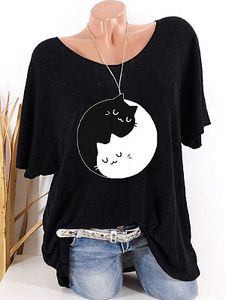 Round Neck Cat Printed Short Sleeve T-shirt