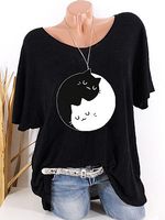 Round Neck Cat Printed Short Sleeve T-shirt - thumbnail