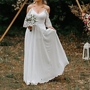 Sheath / Column Wedding Dresses V Neck Spaghetti Strap Sweep / Brush Train Chiffon 3/4 Length Sleeve Romantic Simple Beach with Bow(s) Pleats 2021 miniinthebox