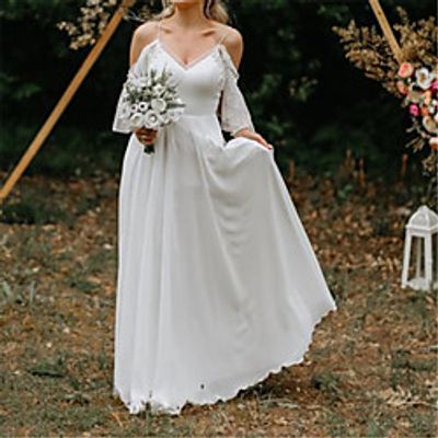 Sheath / Column Wedding Dresses V Neck Spaghetti Strap Sweep / Brush Train Chiffon 3/4 Length Sleeve Romantic Simple Beach with Bow(s) Pleats 2021 miniinthebox