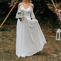 Sheath / Column Wedding Dresses V Neck Spaghetti Strap Sweep / Brush Train Chiffon 3/4 Length Sleeve Romantic Simple Beach with Bow(s) Pleats 2021 miniinthebox - thumbnail
