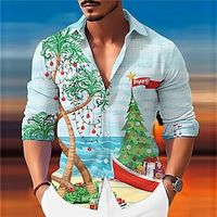 Santa Claus Beach Party Hawaiian Casual Men's Shirt Linen Shirt Christmas Daily Wear Going out Fall  Winter Turndown Long Sleeve Sky Blue 5XL Shirt Lightinthebox - thumbnail