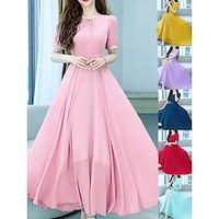 Women's Long Dress Maxi Dress Casual Dress Chiffon Dress Swing Dress Pure Color Modern Elegant Dress Outdoor Daily Date Pleated Short Sleeve Crew Neck Dress Regular Fit Yellow Light Green Pink Summer Lightinthebox - thumbnail