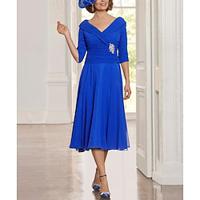 A-Line Mother of the Bride Dress Wedding Guest Elegant Vintage V Neck Tea Length Chiffon Polyester 3/4 Length Sleeve with Ruched Crystal Brooch blue wedding guest dress 2024 Lightinthebox