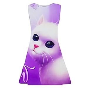 Kids Little Girls' Dress Cat Animal A Line Dress Daily Holiday Vacation Print Purple Above Knee Sleeveless Casual Cute Sweet Dresses Spring Summer Regular Fit 3-10 Years Lightinthebox