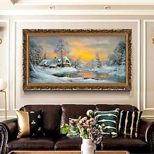 Handmade Oil Painting Canvas Wall Art Decoration Classical Landscape Village Snow Scene for Home Decor Rolled Frameless Unstretched Painting Christmas Gift miniinthebox