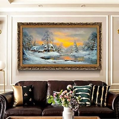 Handmade Oil Painting Canvas Wall Art Decoration Classical Landscape Village Snow Scene for Home Decor Rolled Frameless Unstretched Painting Christmas Gift Lightinthebox