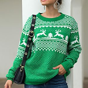Women's Pullover Sweater Knitted Argyle Animal Stylish Christmas Long Sleeve Sweater Cardigans Crew Neck Fall Winter Blue Gray Green Lightinthebox