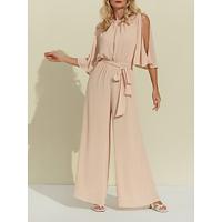 Women's Chiffon Special Occasion Pink Crew Neck Drop Shoulder Belted Wide Leg Jumpsuit