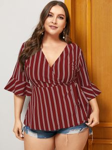 YOINS Plus Size Black Tie-up Design Striped V-neck Half Sleeves Blouse