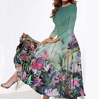 Women's Casual Sweater Dress Swing Sweater Dress Midi Sweater Dress Blue Green Long Sleeve Flower Pocket Summer Spring Crew Neck Fashion 2023 S M L XL XXL 3XL miniinthebox - thumbnail