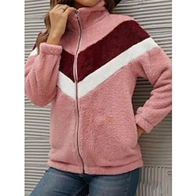 Women's Fleece Jacket Teddy Coat Fuzzy Sherpa Jacket Zip up Stand Collor Coat Windproof Warm Winter Coat Plush Street Outerwear Long Sleeve Fall Pink Lightinthebox